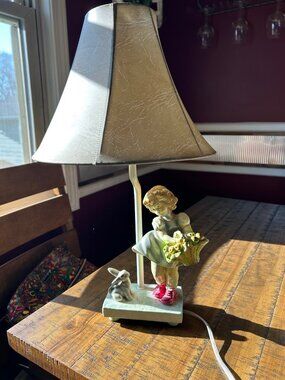 Vintage Apple Basket  Girl & Rabbit Table   Lamp  ceramic    girl holding basket
